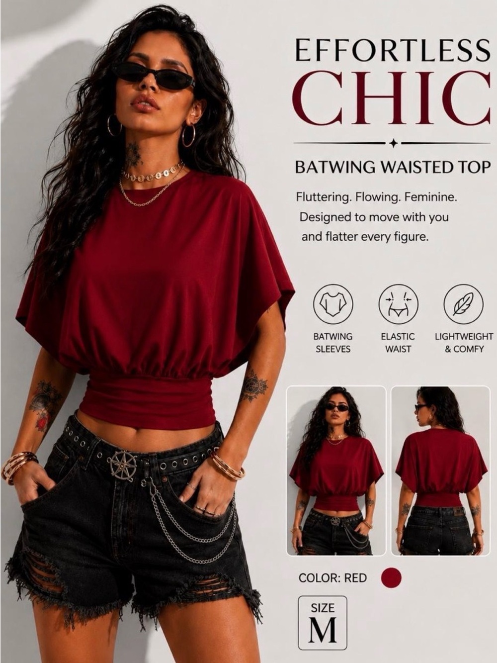 Effortless Chic Red Batwing Waisted Top - Women's